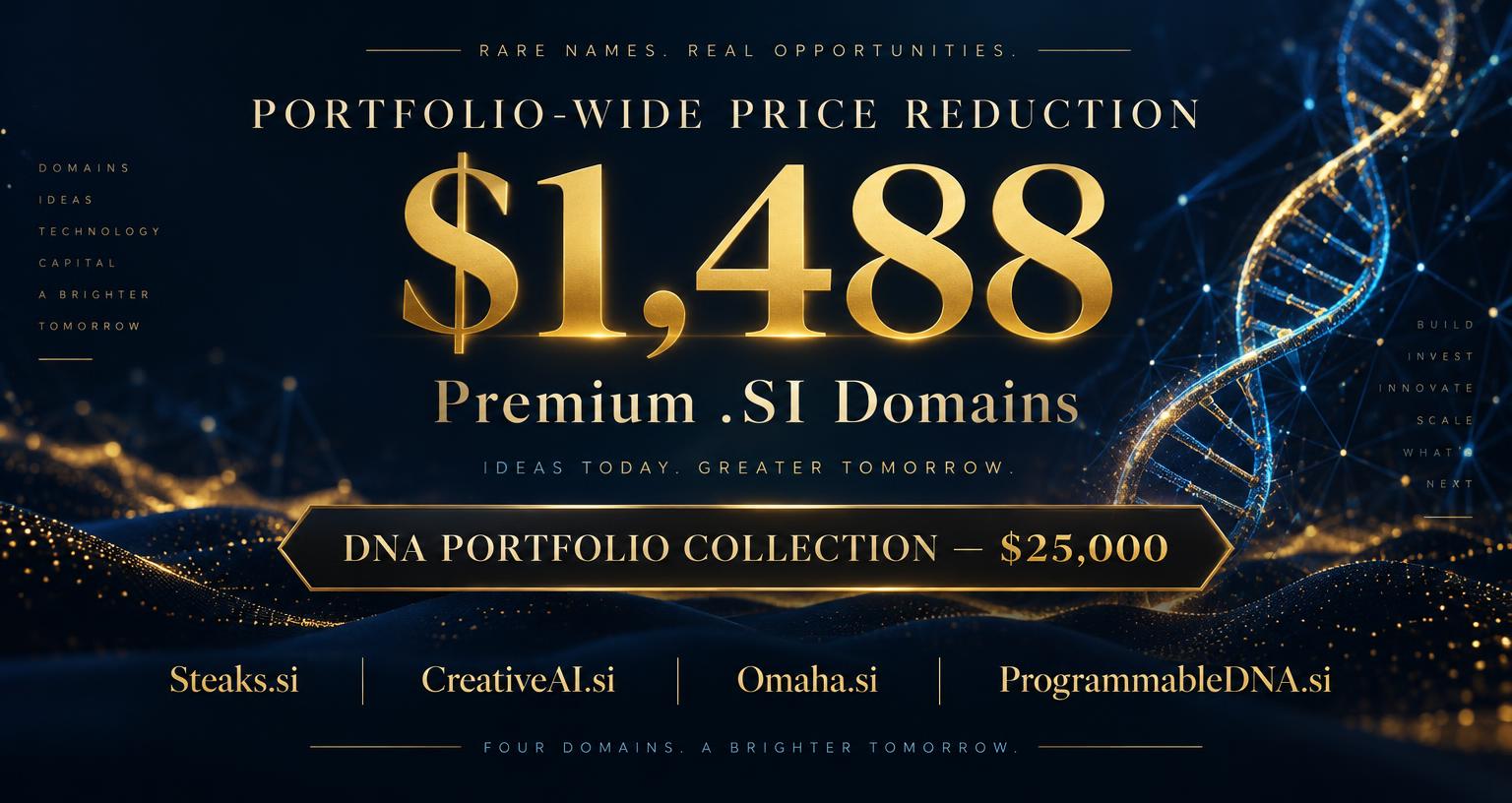 Portfolio-wide price reduction: premium .SI domains now $1,488 each, DNA Portfolio collection $25,000.