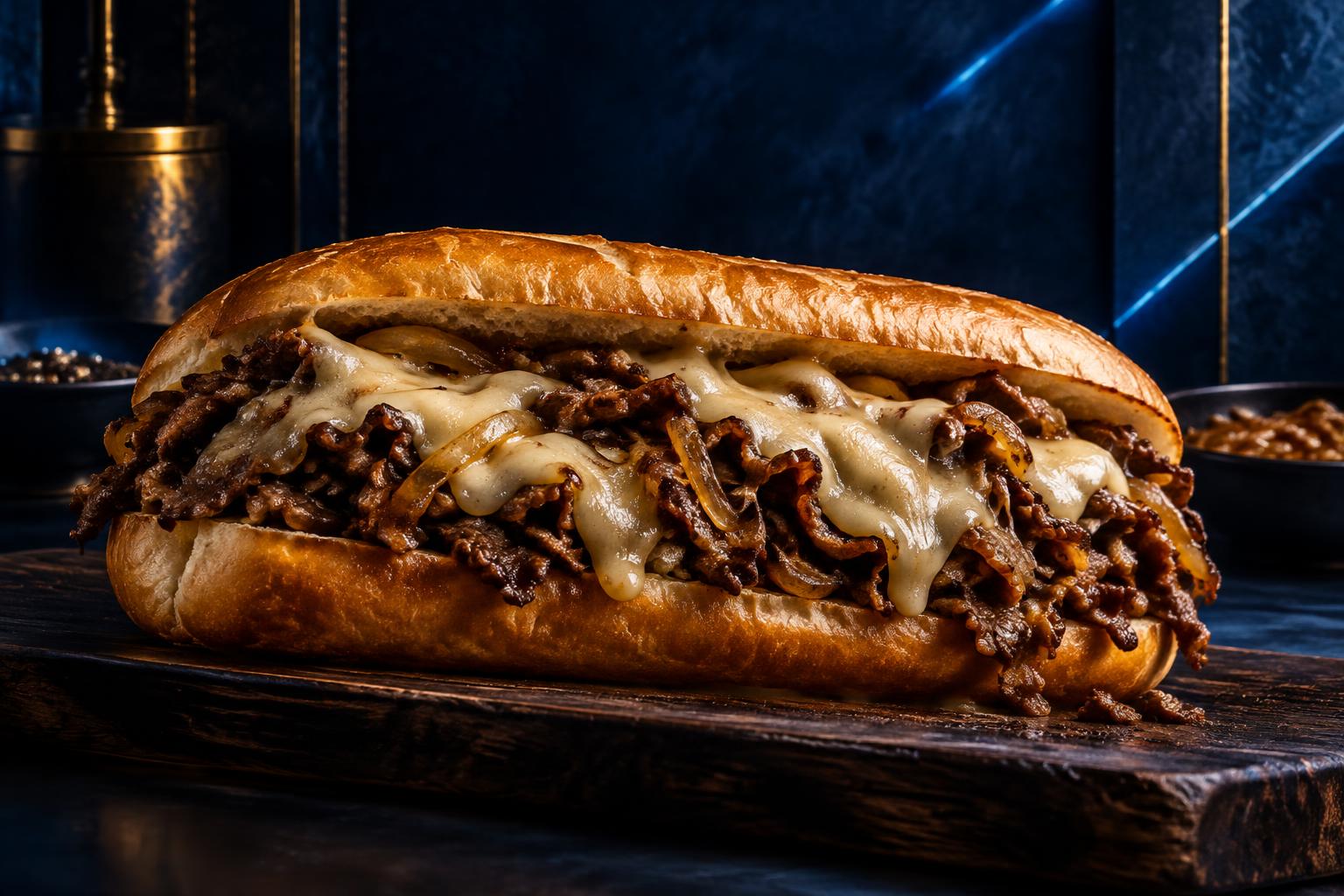 A classic cheesesteak sandwich with thinly sliced beef and melted cheese on a fresh roll, on a dark wooden board
