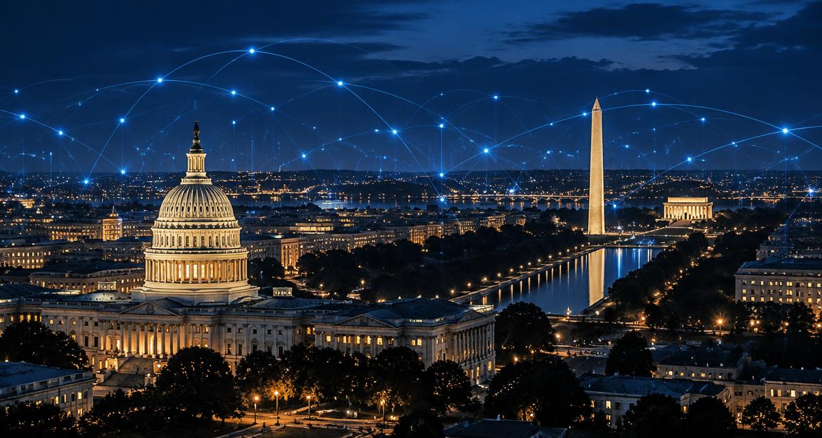 Washington, D.C. skyline at dusk with subtle digital network lines